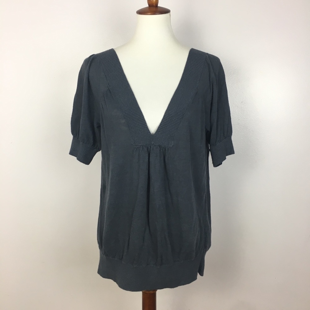 Club Monaco Deep V-Neck Puff Sleeve Knit Linen Top